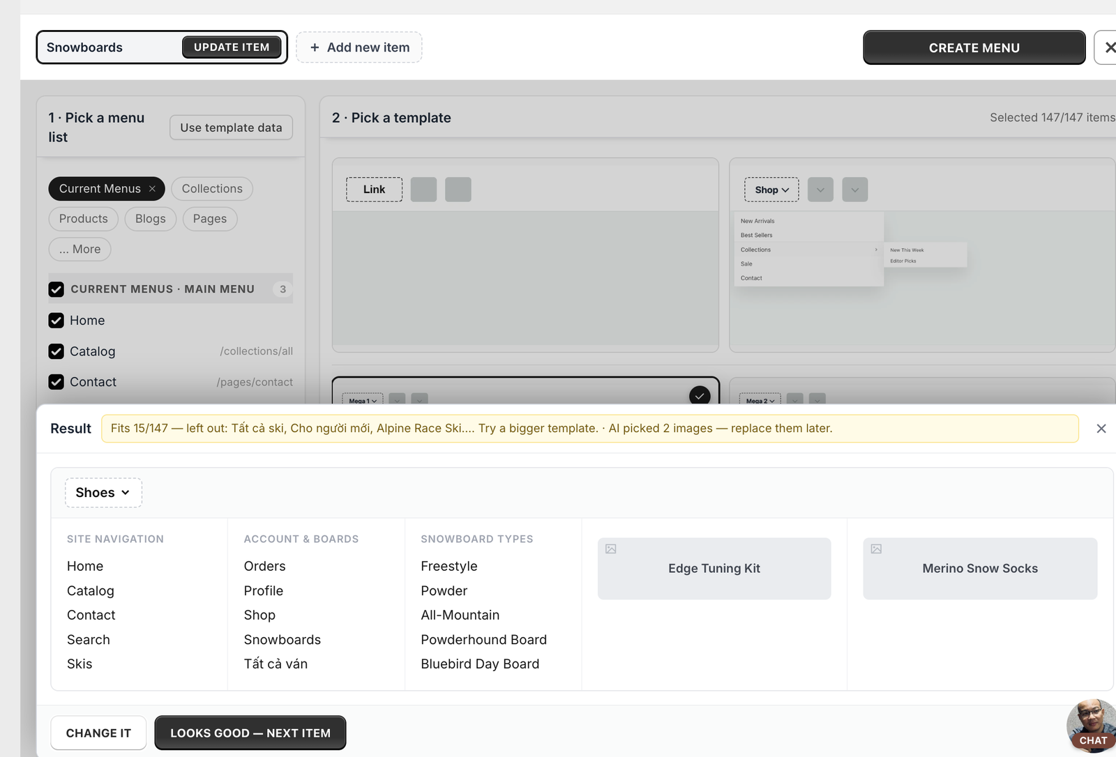 Builder after adding an item, showing the Result strip and the built menu preview