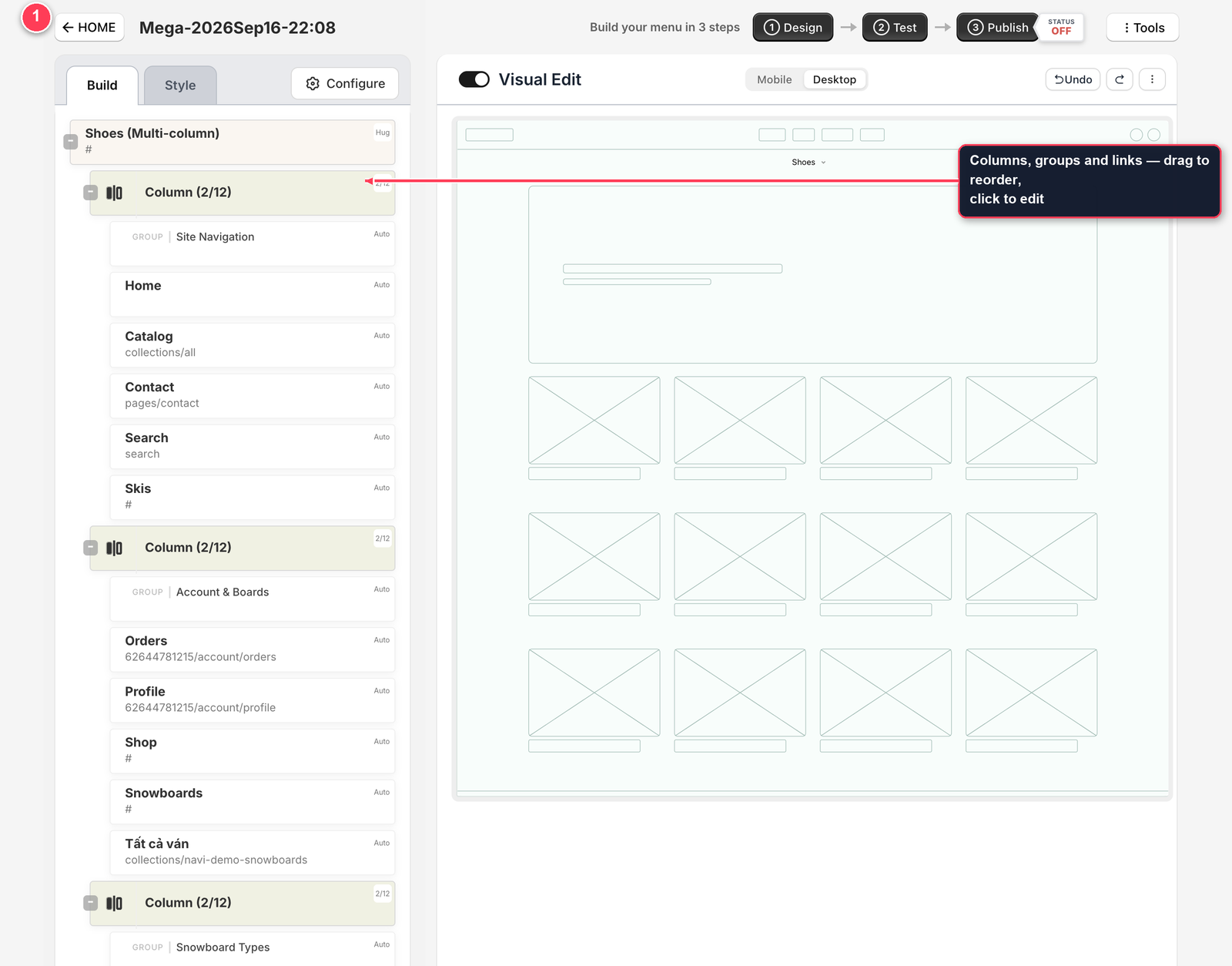 Mega menu editor with the column tree on the left and the live preview on the right