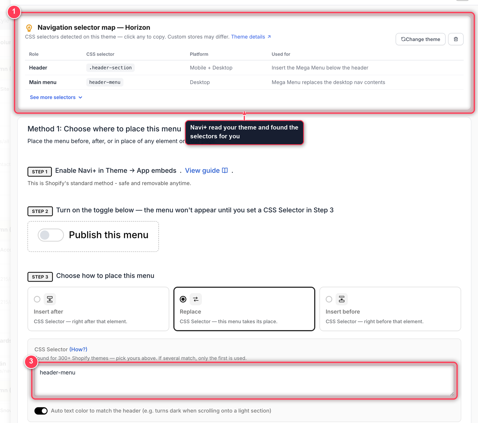 Publish panel: navigation selector map, app embed step, publish toggle and placement options with the CSS selector field