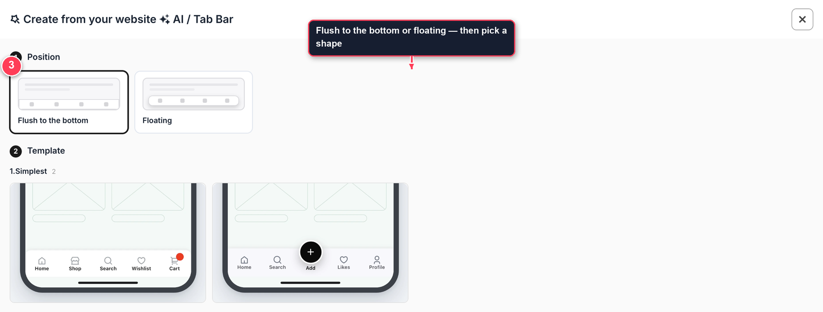 Wizard screen one: position choice and a gallery of Tab Bar shapes