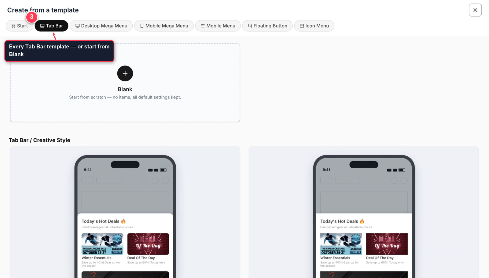 Tab Bar template gallery with a Blank option at the top