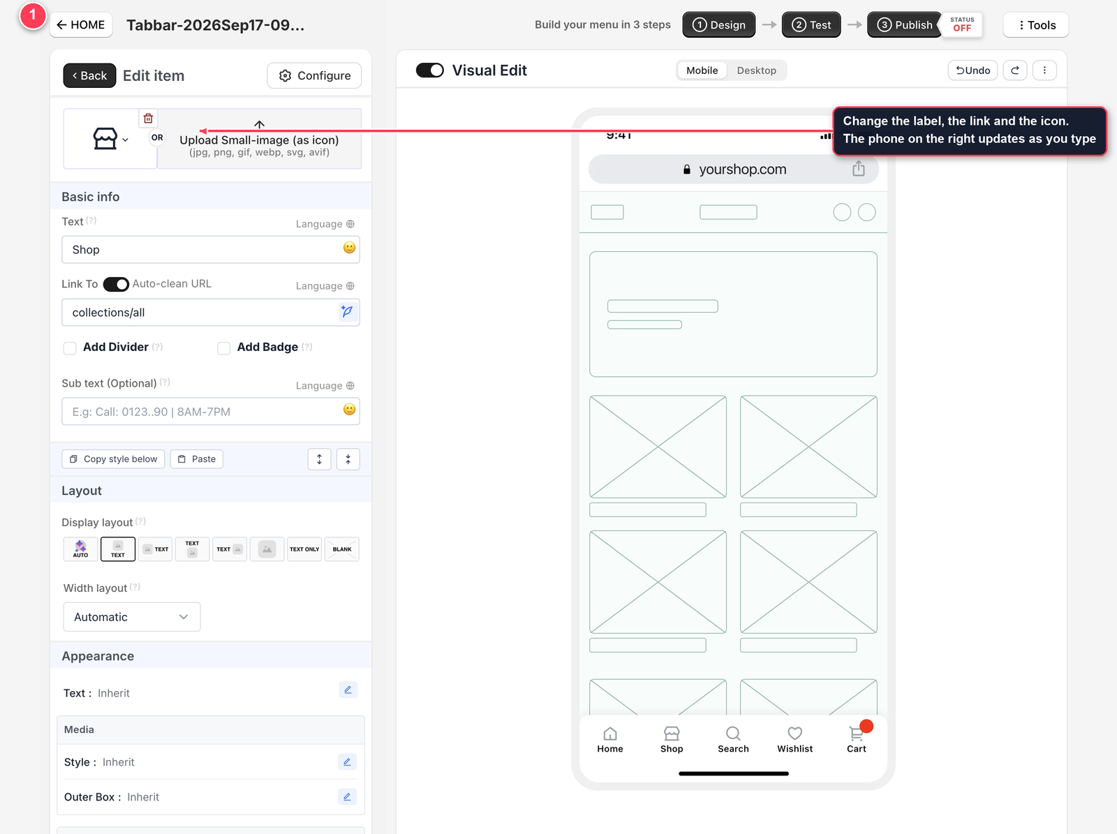 Edit item panel showing text, link and icon fields, with the phone preview beside it