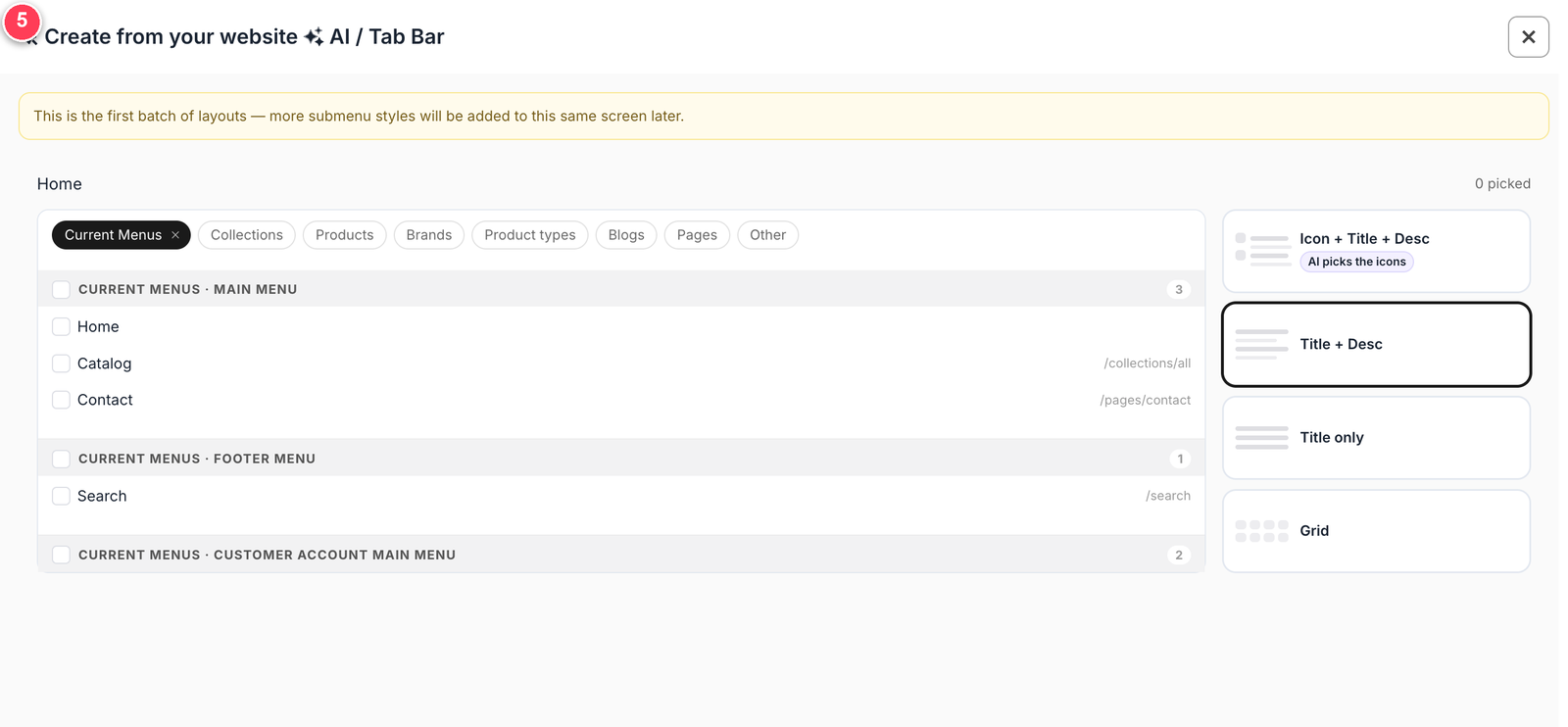 Wizard screen three: link source on the left, four submenu layouts on the right