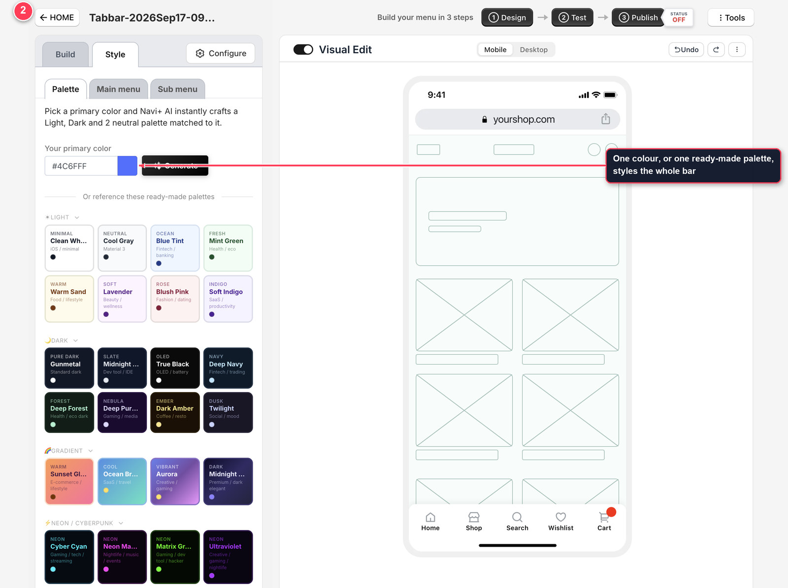 Style tab showing the palette picker and ready-made palettes