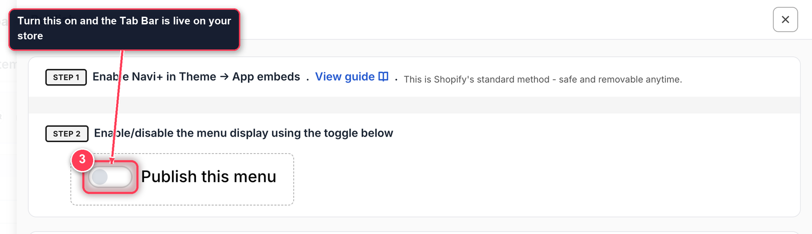 Publish panel showing step 1 app embed and step 2 the Publish this menu toggle