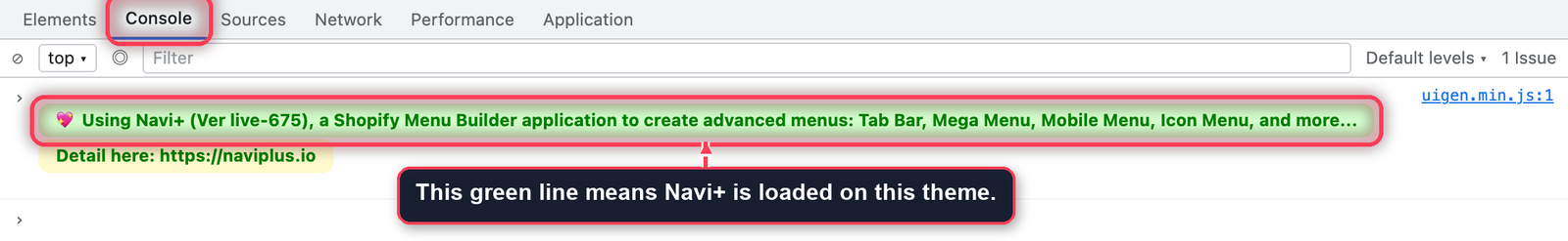 Browser console showing the green Using Navi+ line