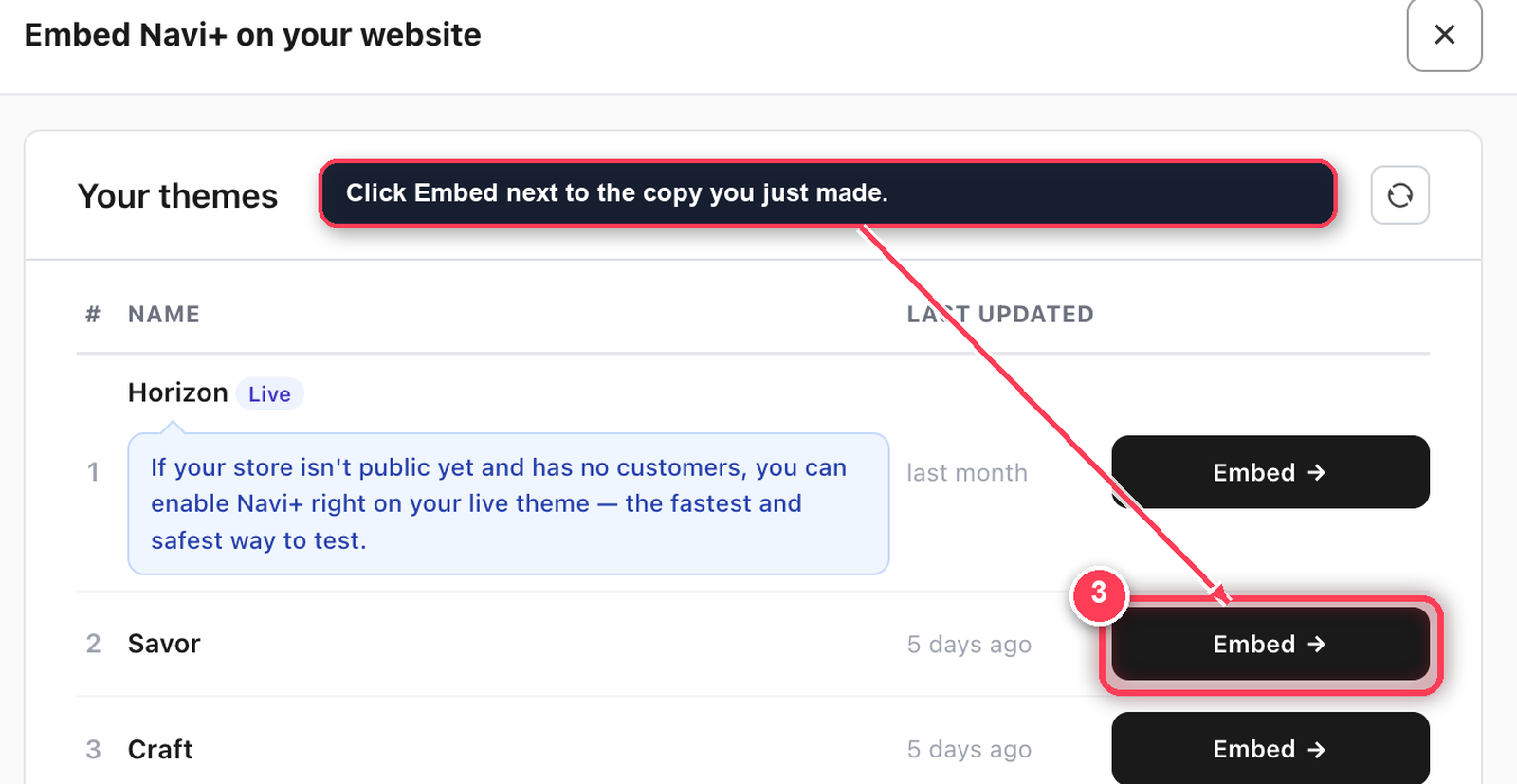 Navi+ Your themes list with the Embed button next to the copied theme highlighted