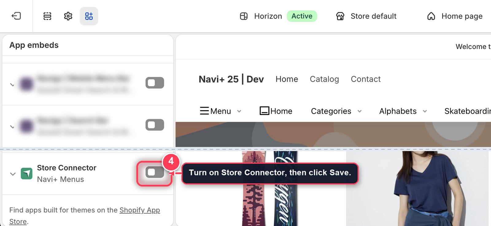 Shopify theme editor, App embeds panel, Store Connector switch highlighted