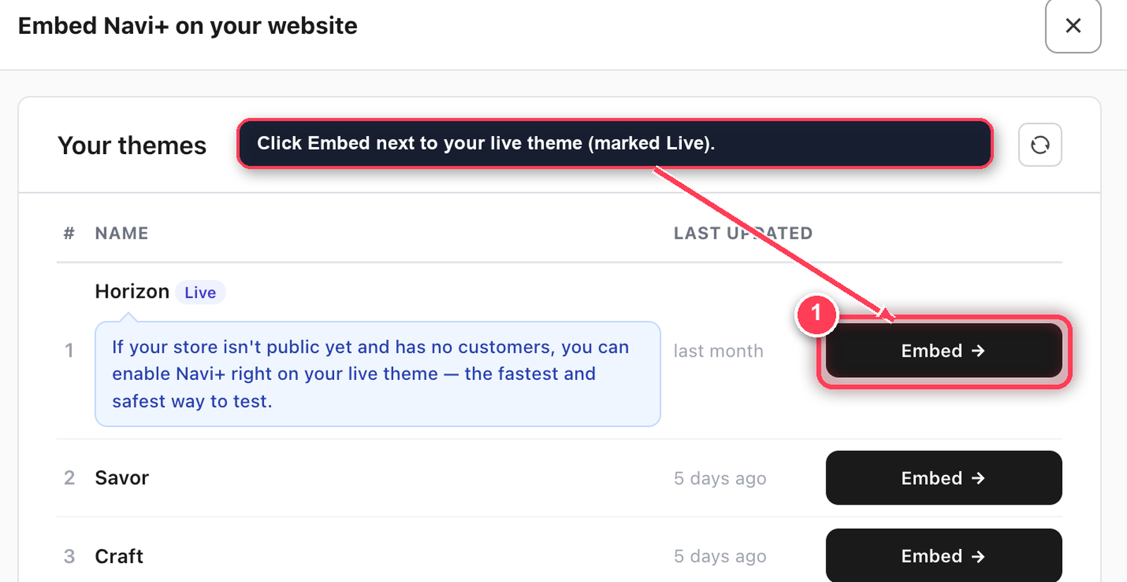 Navi+ Your themes list with the Embed button next to the live theme highlighted