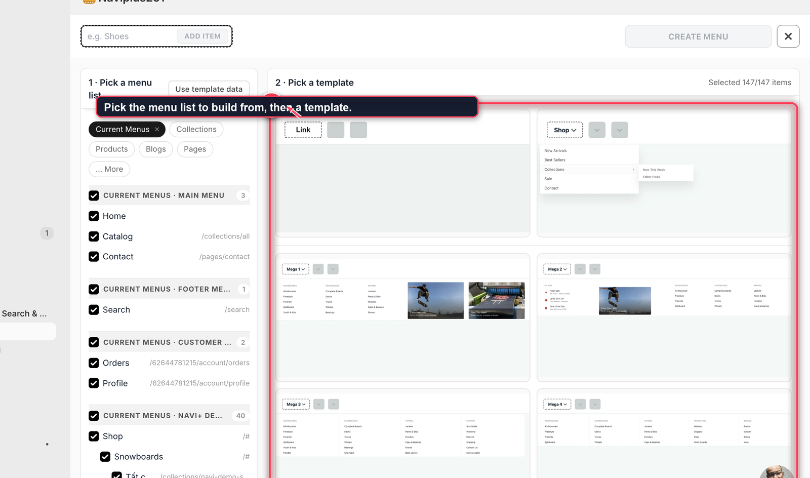 Navi+ wizard with Pick a menu list on the left and Pick a template on the right