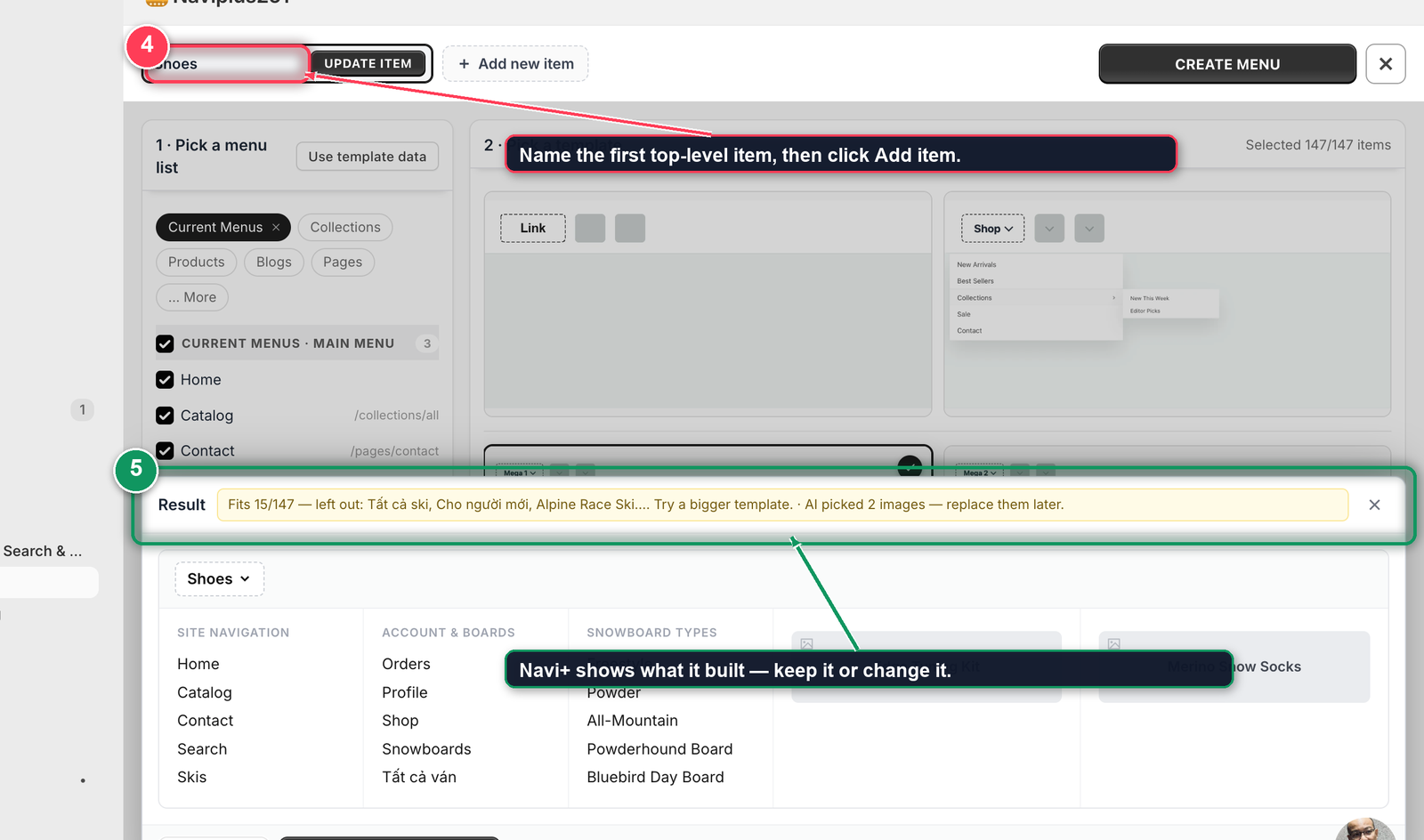 Wizard after adding an item, showing the Result strip and the built menu preview