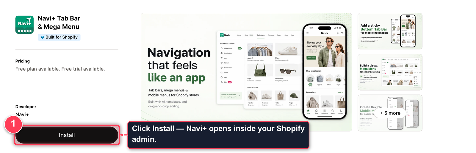 Navi+ listing on the Shopify App Store with the Install button highlighted