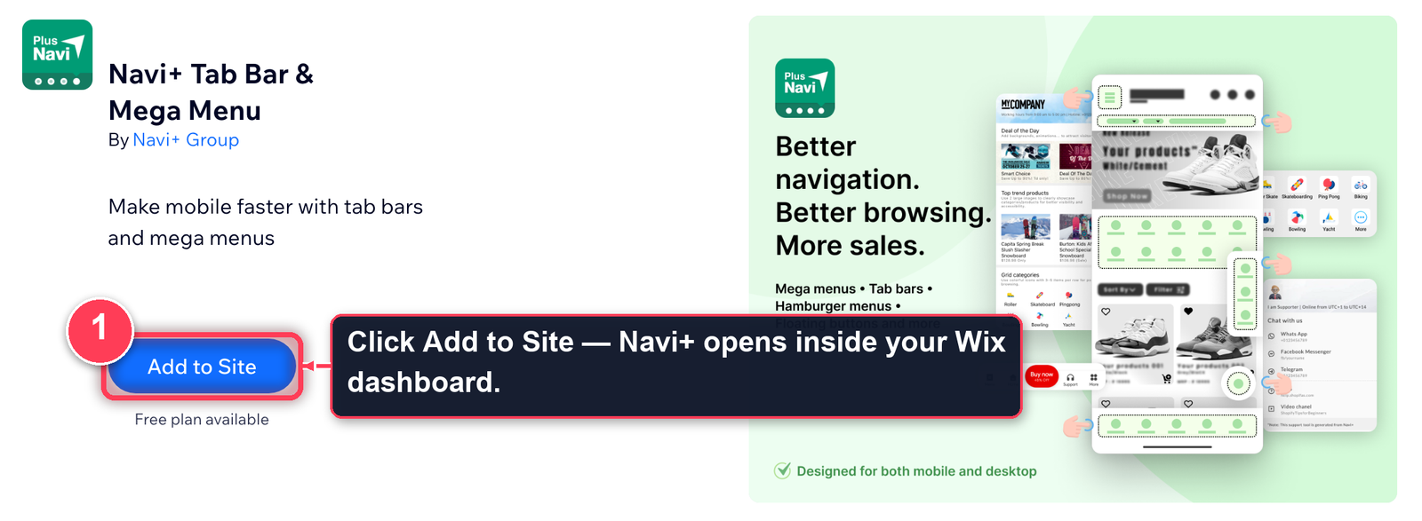 Navi+ on the Wix App Market with the Add to Site button highlighted
