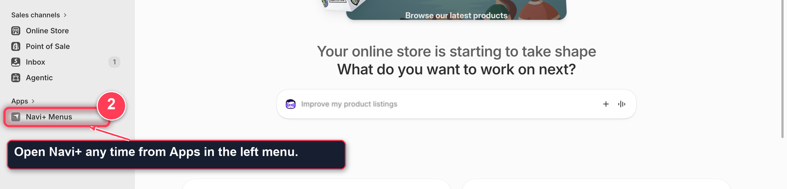 Shopify admin left menu with Navi+ listed under Apps